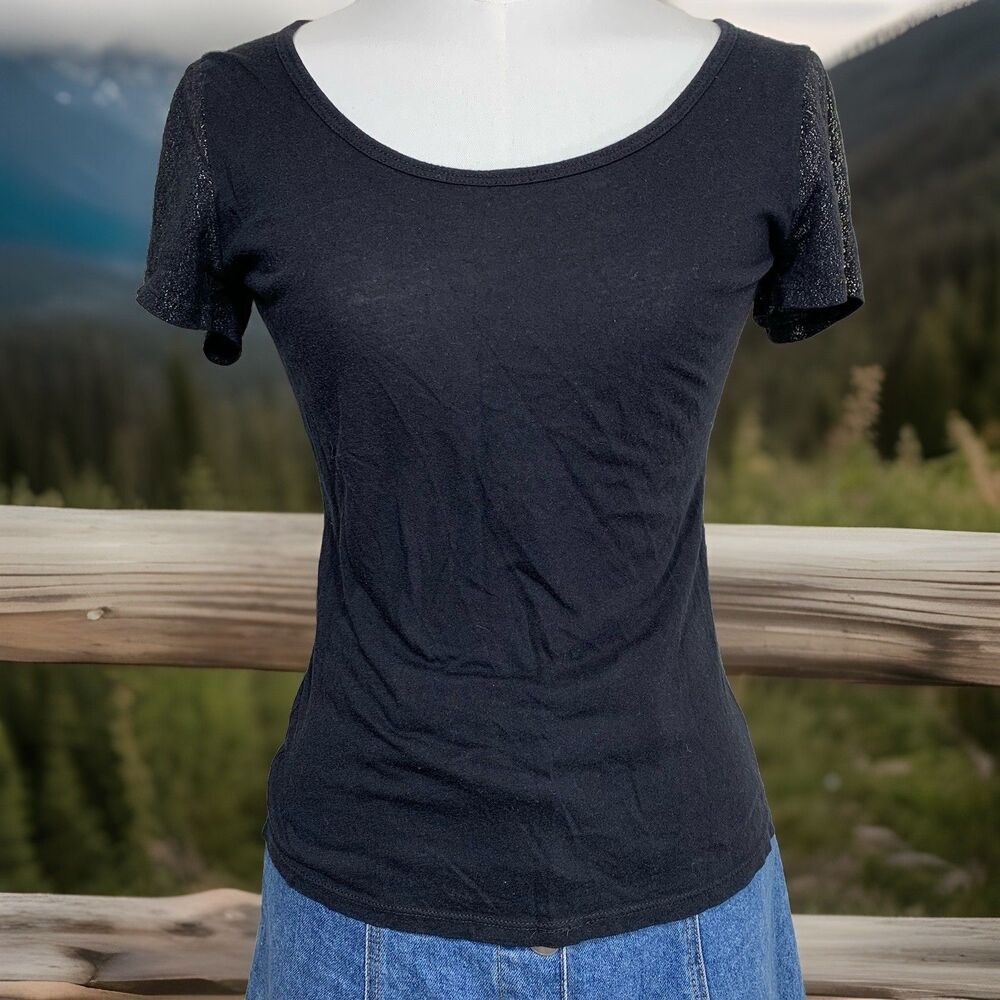 StyleMint T Shirt Women Size 1 Black Gold Metallic Sparkle Scoop Neck Short Slee